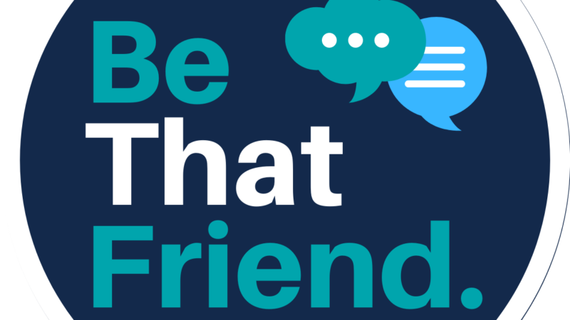Be That Friend logo, navy blue, teal, and white
