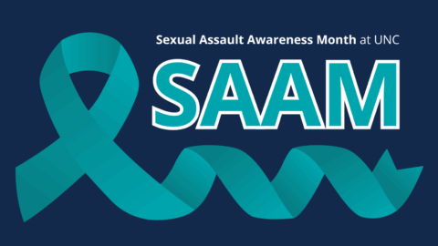 Teal awareness ribbon on left side of image. Teal text outlined with white that says, "SAAM." White text above that says, "Sexual Assault Awareness Month."