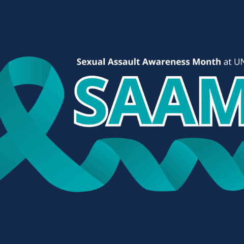 Teal awareness ribbon on left side of image. Teal text outlined with white that says, "SAAM." White text above that says, "Sexual Assault Awareness Month."