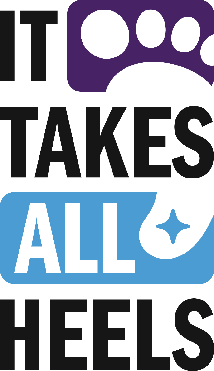 Logo with the phrase 'IT TAKES ALL HEELS.' The word 'IT' is in bold black letters next to a purple rounded rectangle containing part of a white Tar Heel shape. The word 'TAKES' appears in bold black below it. The word 'ALL' is inside a blue rounded rectangle, with the final 'L' formed by a white Tar Heel shape containing a blue sparkle. The word 'HEELS' is in bold black beneath that.