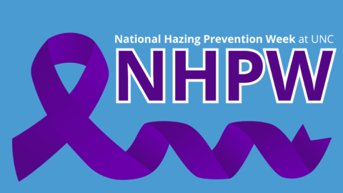 Purple awareness ribbon on left side of image. Purple text outlined with white that says, "NHPW." White text above that says, "National Hazing Prevention Week."