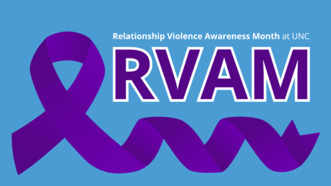 Purple awareness ribbon on left side of image. Purple text outlined with white that says, "RVAM." White text above that says, "Relationship Violence Awareness Month."