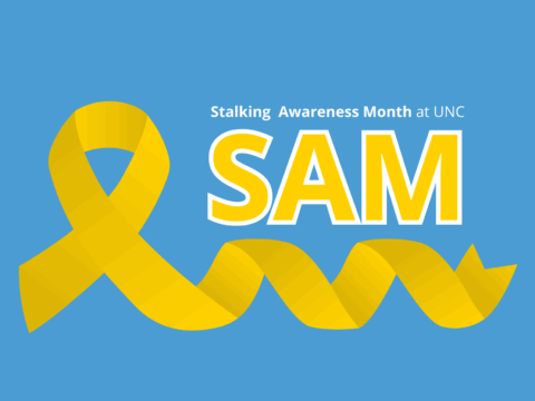 Yellow awareness ribbon on left side of image. Yellow text outlined with white that says, "SAM." White text above that says, "Stalking Awareness Month."