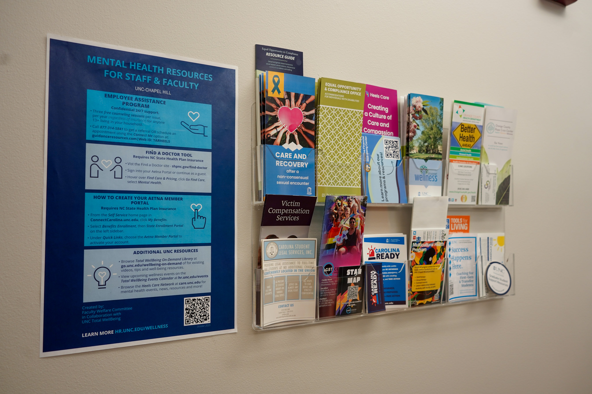 Brochure holder and resource poster with information about resources.